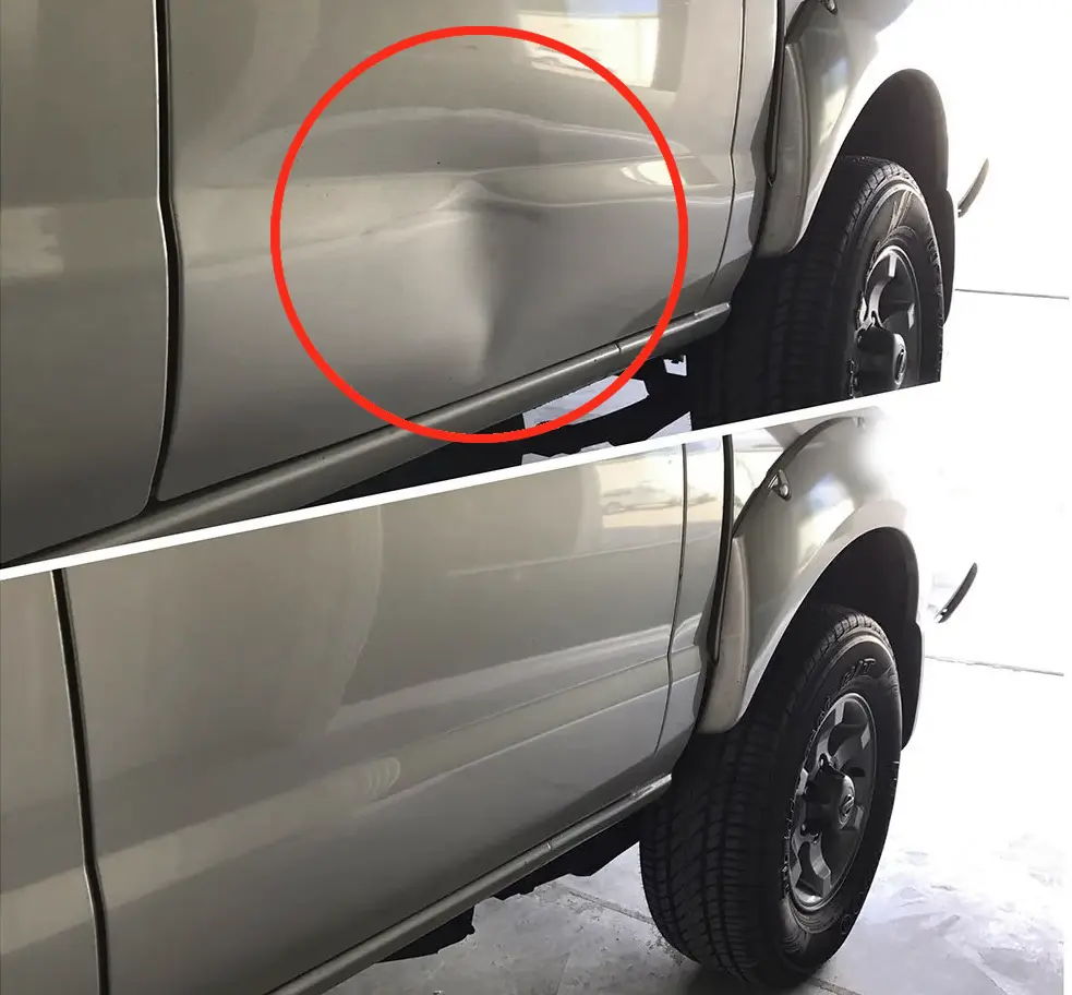 Collision PDR in Westchester County. Car with dent before and after.